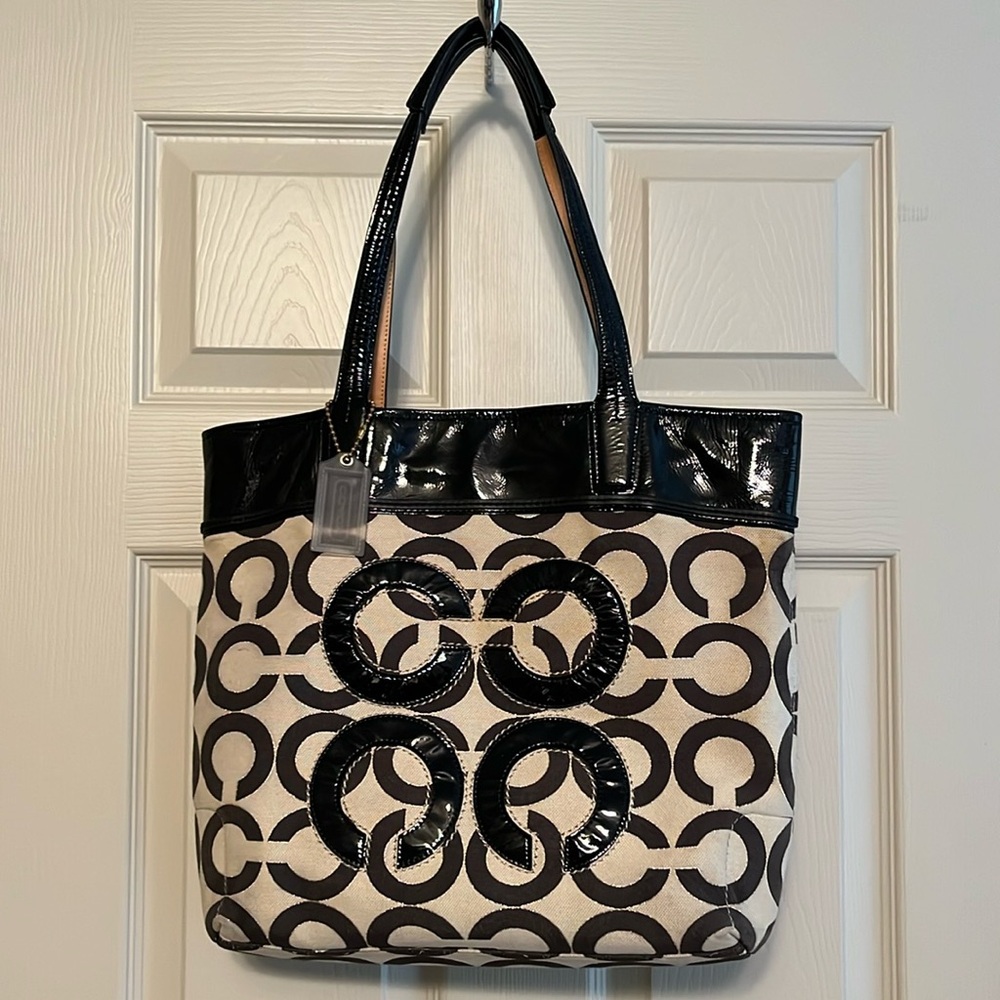 Coach Audrey Op Art Lurex Black & Cream Large Tote Bag